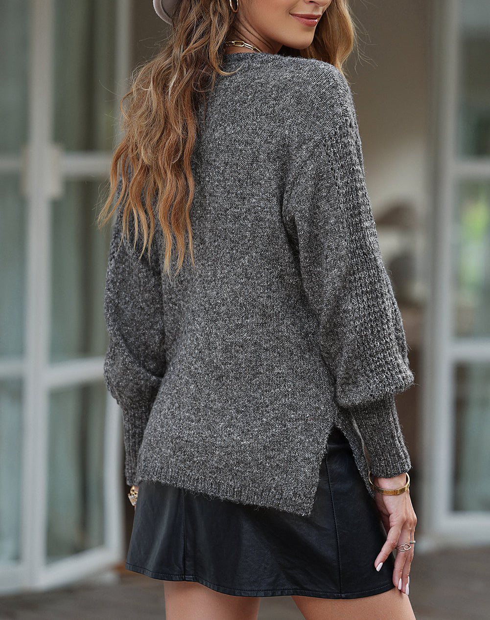 Crochet V Neck Slits Loose Fit Sweater