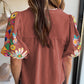Floral Embroidered Puff Sleeve Split Neck Blouse