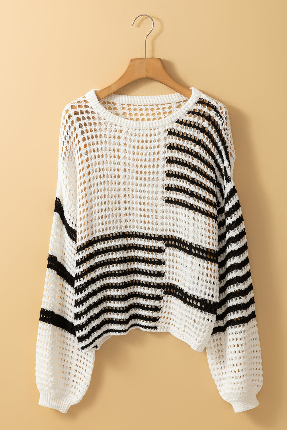 Stripe Hollow-out Openwork Knit Puff Sleeve Sweater