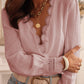 Lace Crochet Trim Deep V Neck Textured Blouse