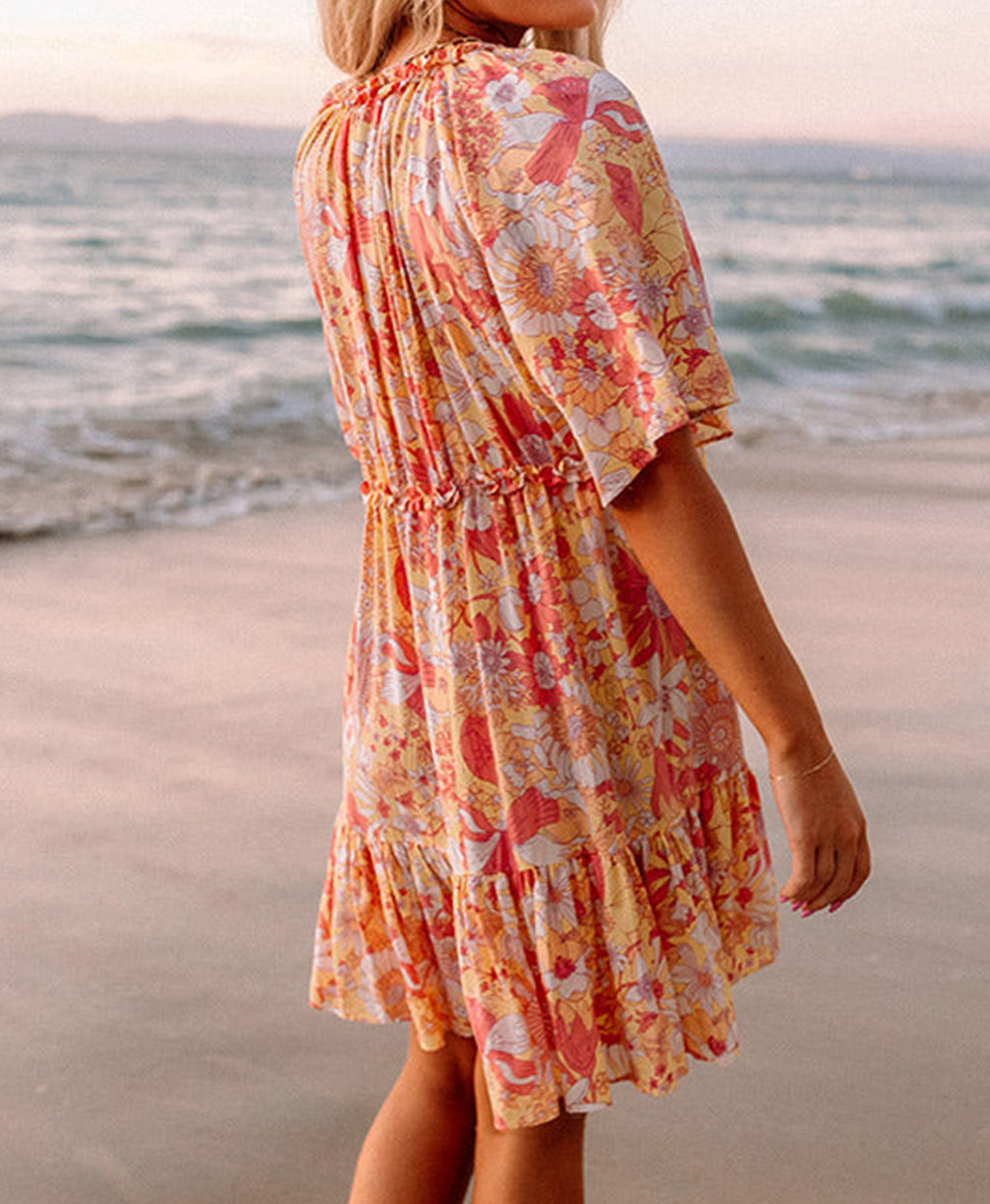 Orange Wide Flutter Sleeve Floral Dress