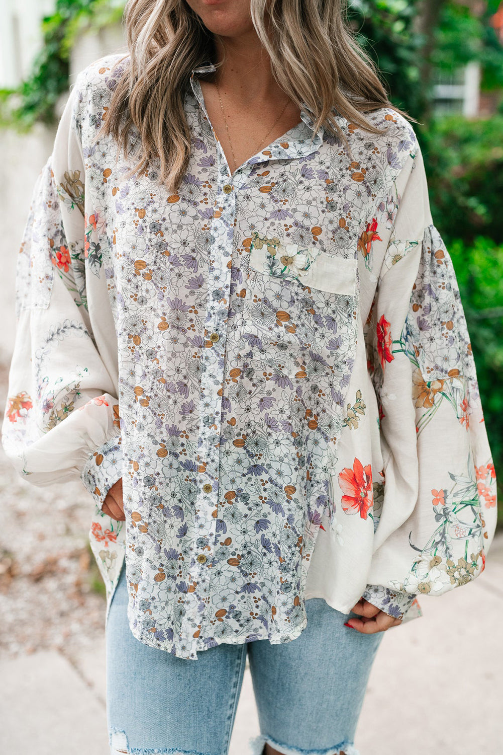 Boho Floral Bishop Sleeve Button Up Loose Shirt