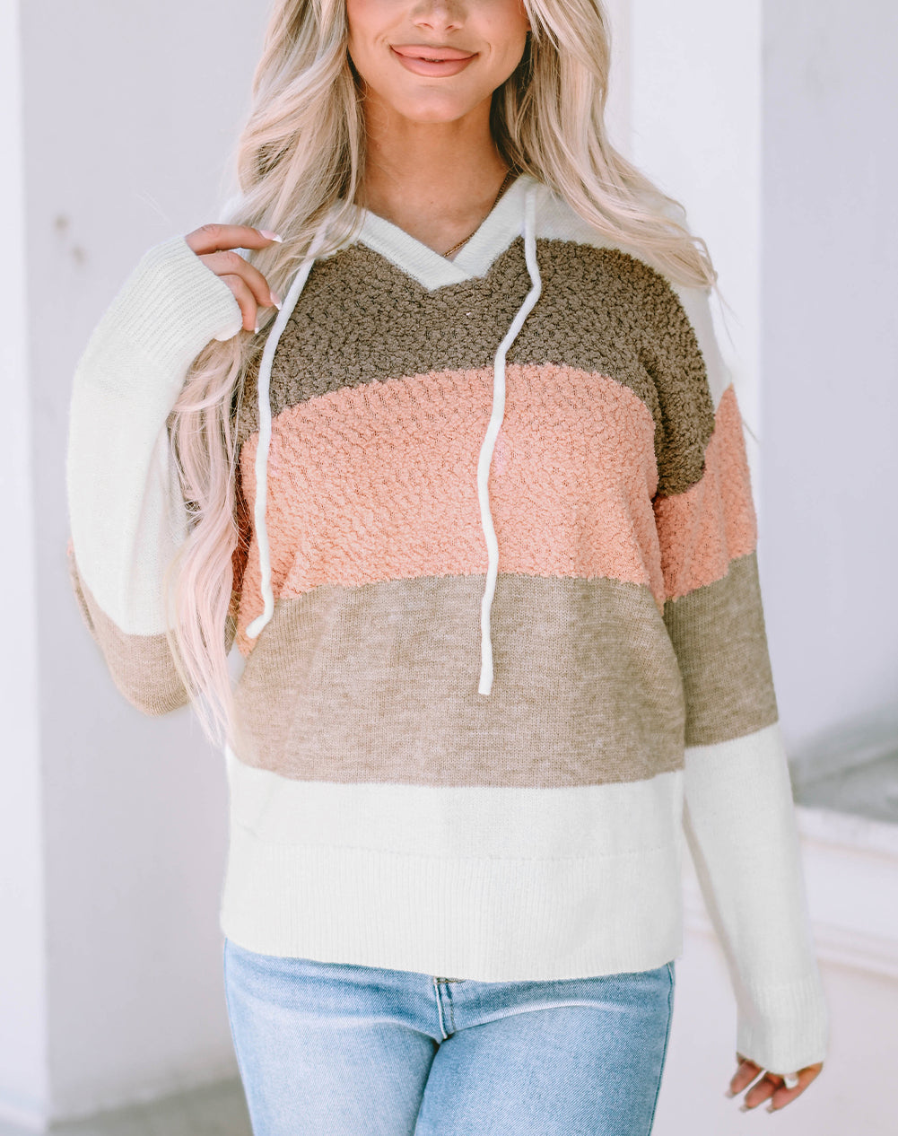 Color Block Knitted Drawstring Hooded Sweater