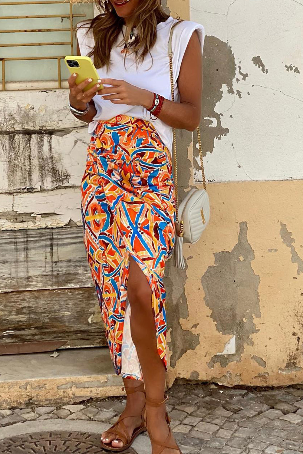 Geometric Abstract Print Slit High Waist Maxi Skirt