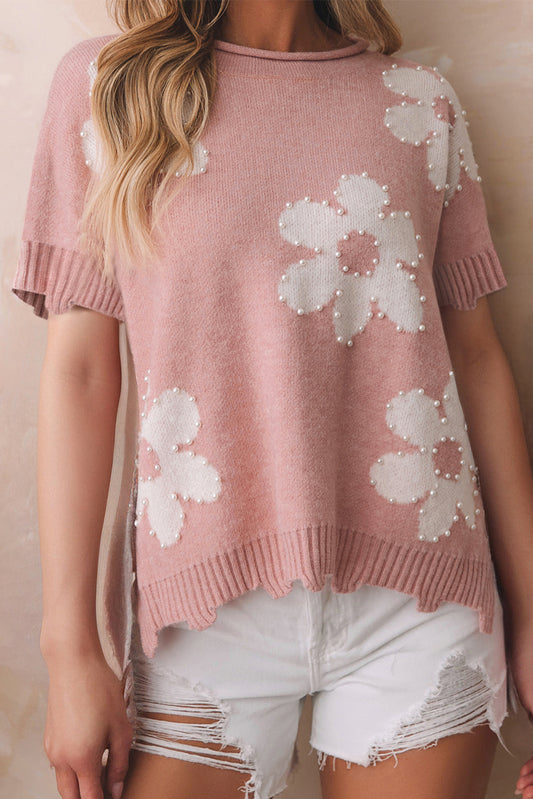 Pearled Flower Distressed Edge Sweater T Shirt