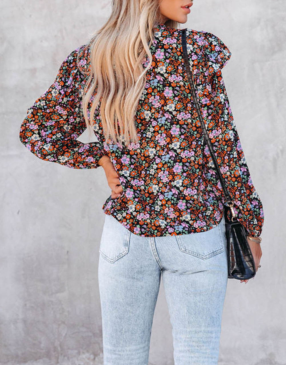 Red Floral Ruffled Bubble Sleeve Shirt