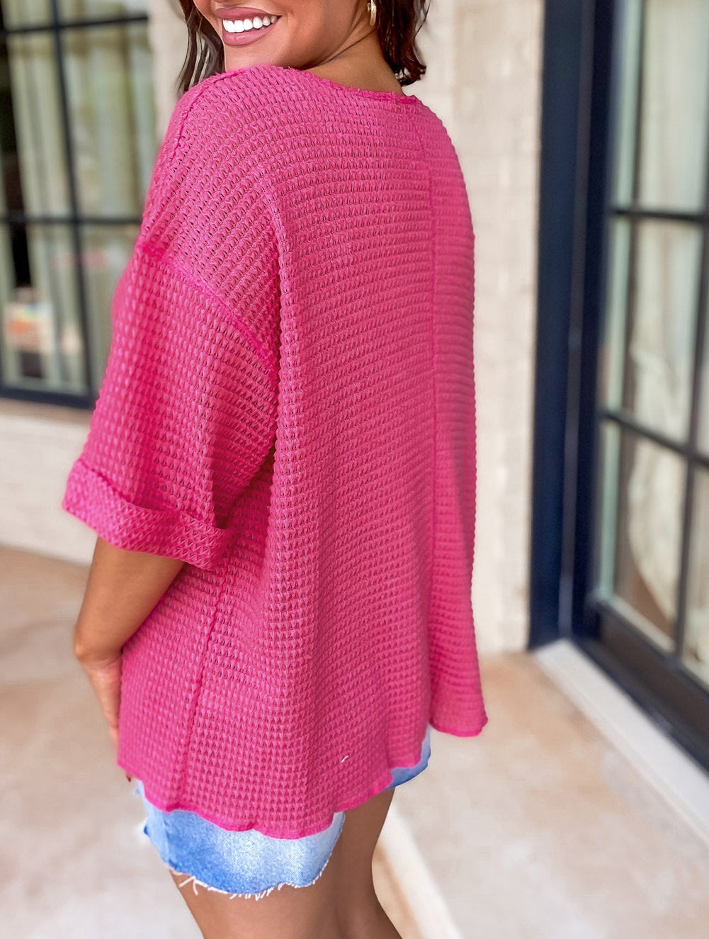 Textured Knit Split Neck Cuffed Short Sleeve Top