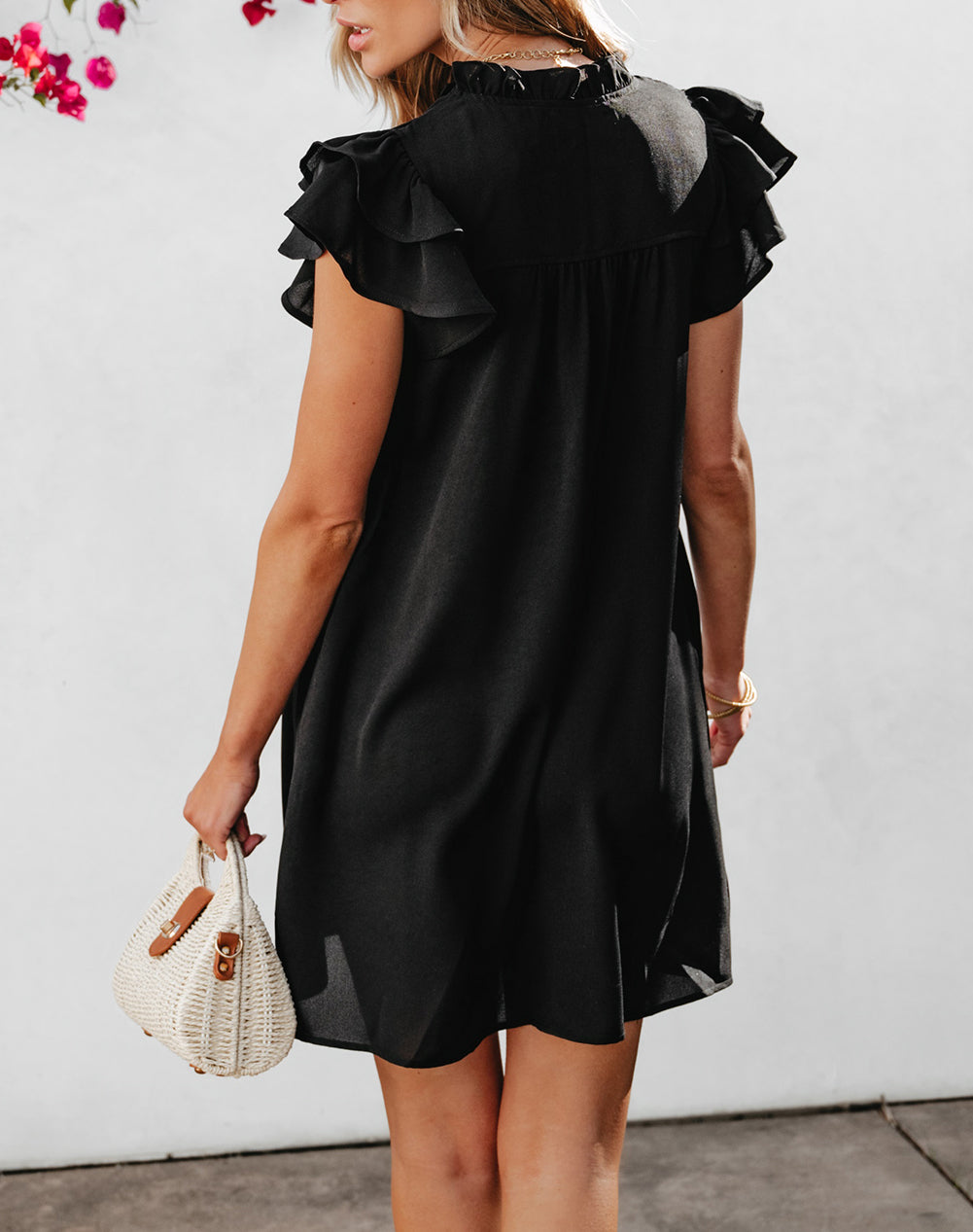 Ruffle Sleeve V Neck Frilled Shift Dress