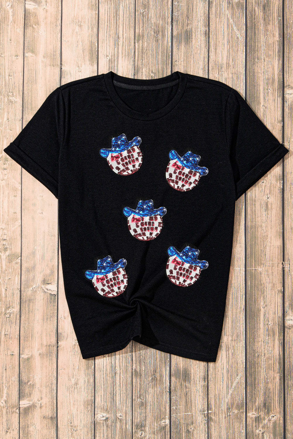 Sequined American Flag Pattern Round Neck T Shirt