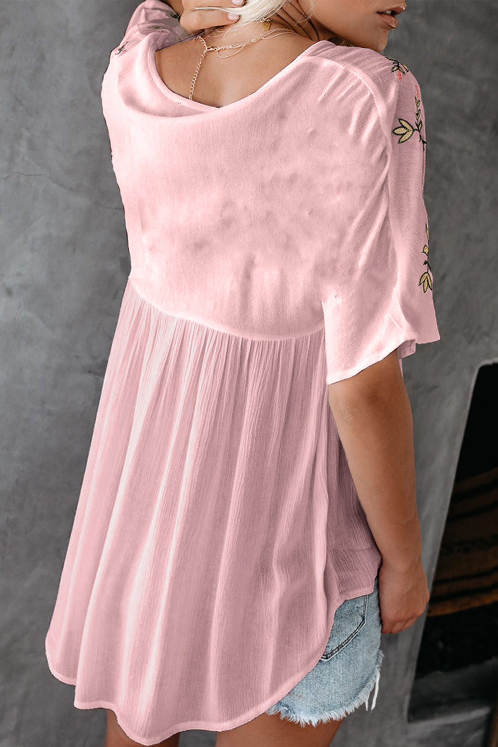 Floral Embroidered V Neck Crinkle Babydoll Blouse