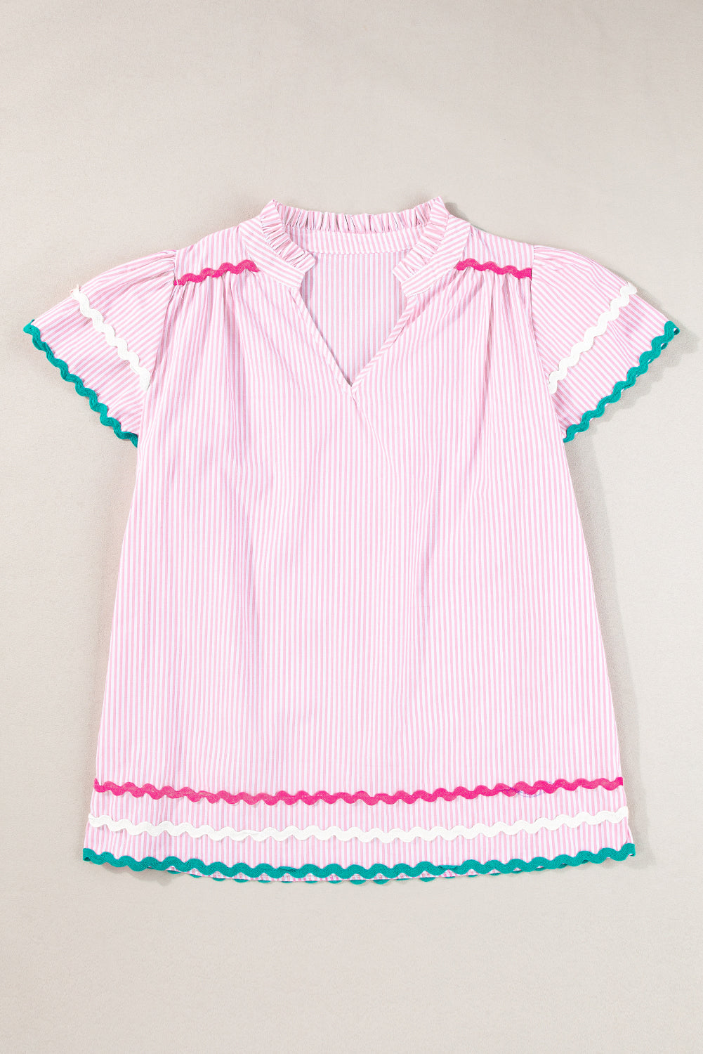 Stripe Ricrac Trim Split Neck Striped Ruffled Sleeve Blouse