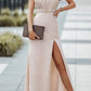 Apricot V Neck Row Pleated Waist Slit Maxi Dress