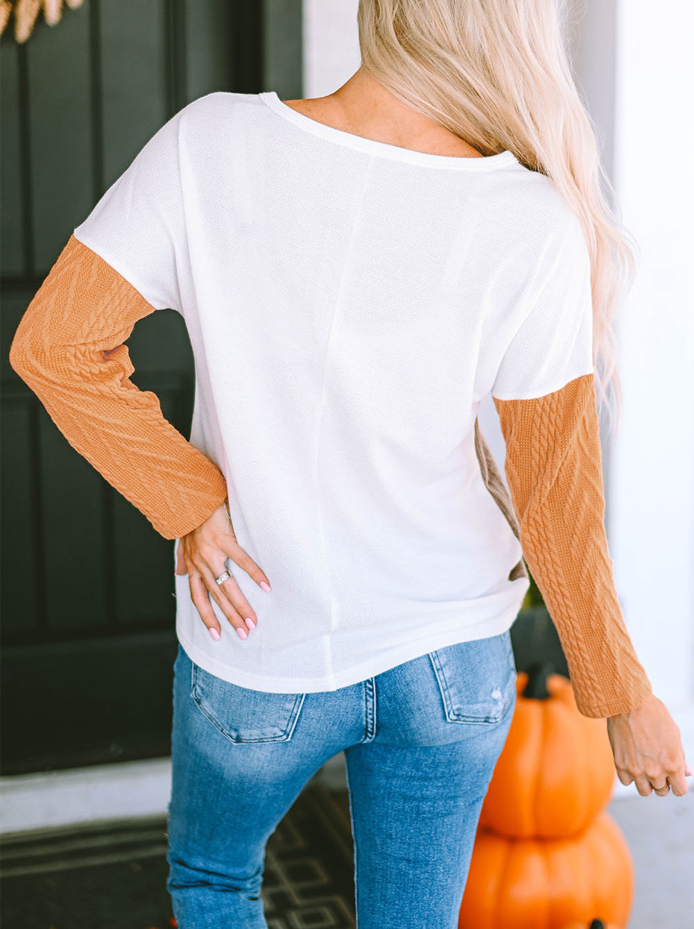 Long Sleeve Colorblock Chest Pocket Textured Knit Top