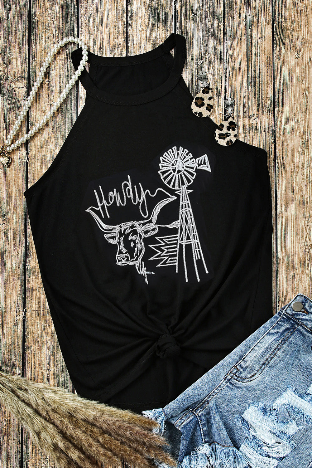 Western Howdy Embroidered O Neck Tank Top