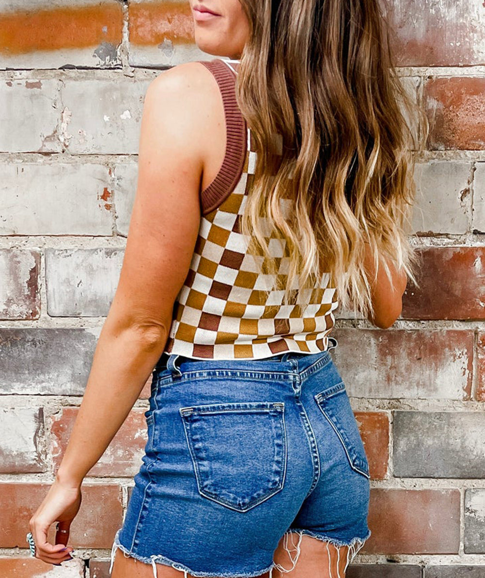 Checkered Ribbed Trim Knit Sweater Vest