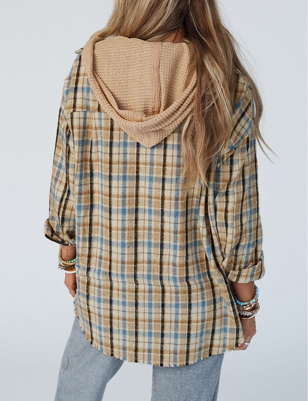 Waffle Knit Patchwork Hooded Plaid Shacket