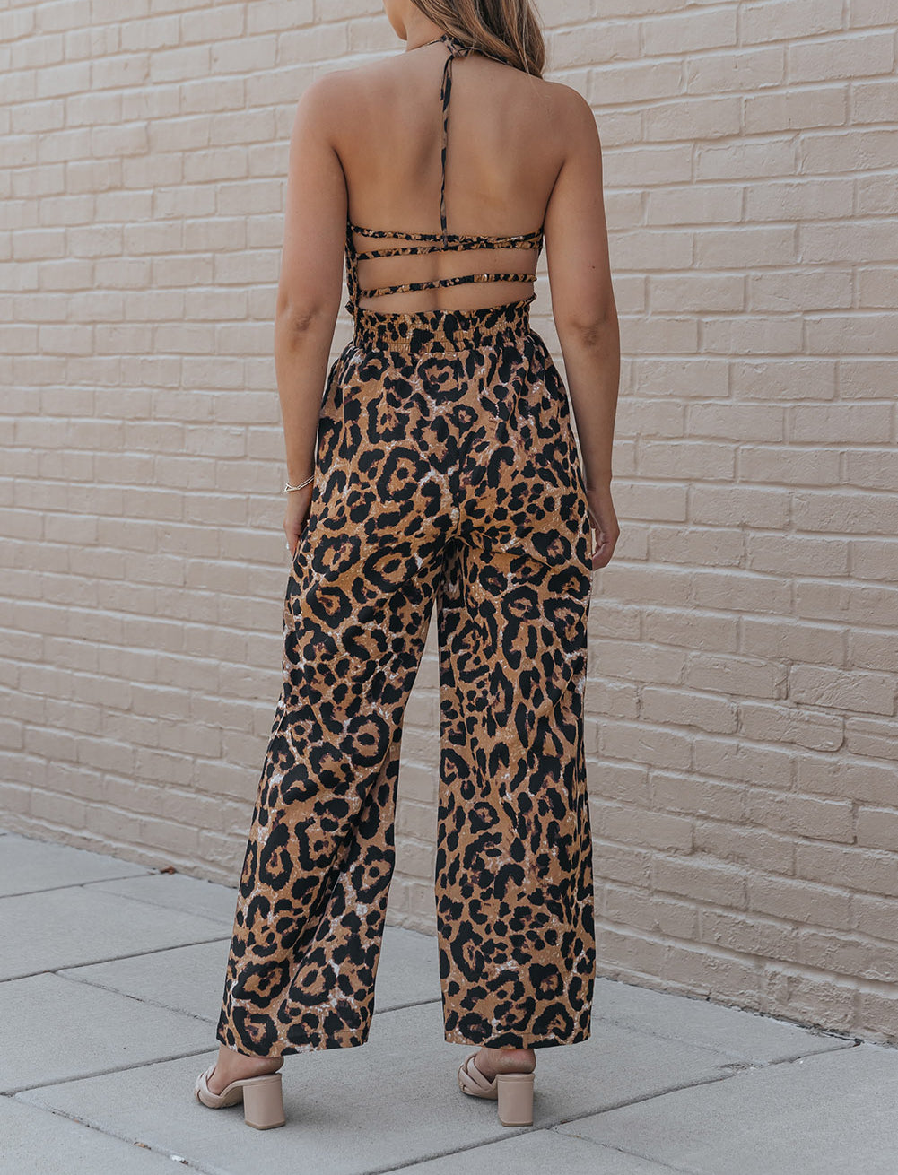 Print Halter Neck Backless Wide Leg Jumpsuit