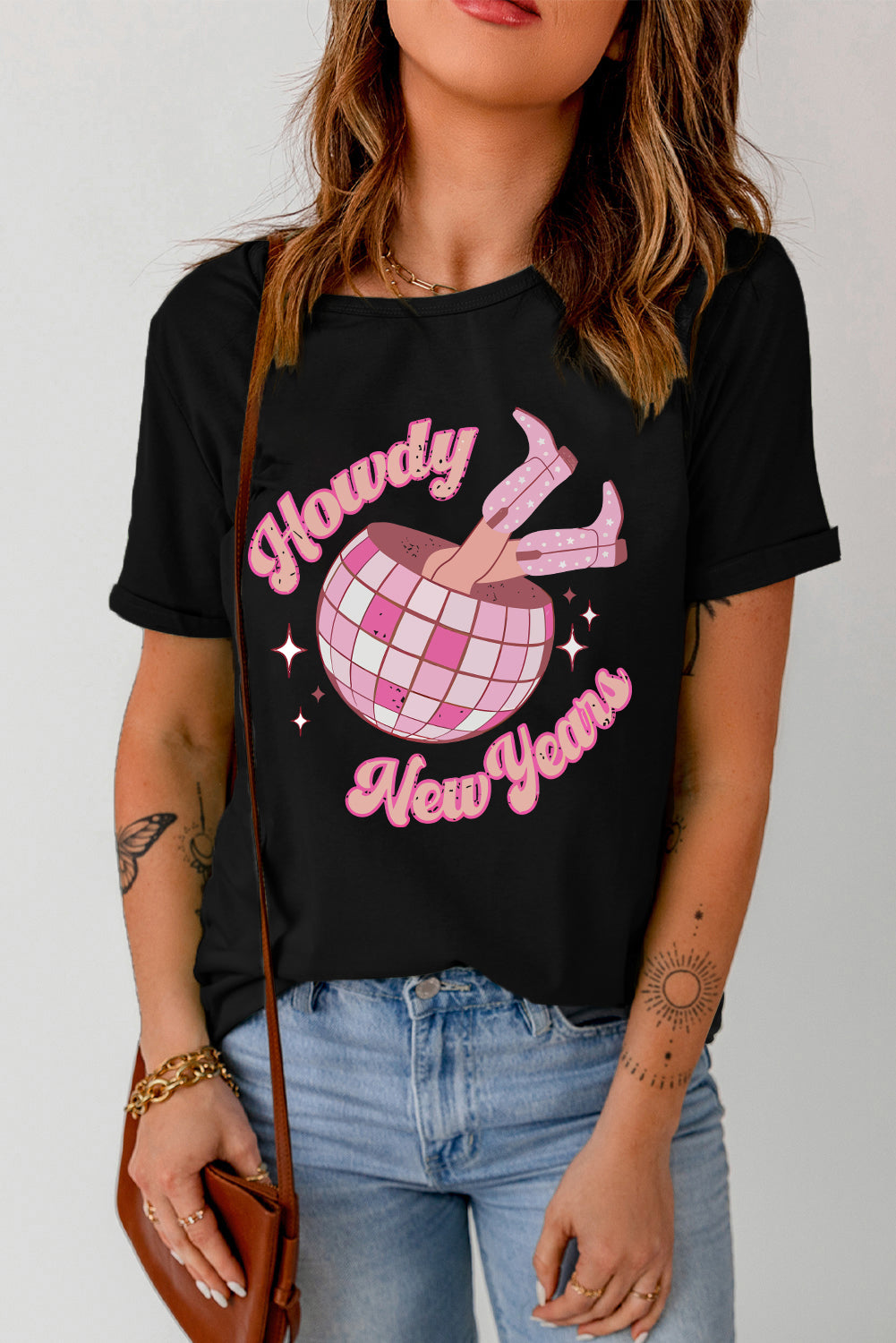 Howdy New Years Pattern Print Round Neck T Shirt