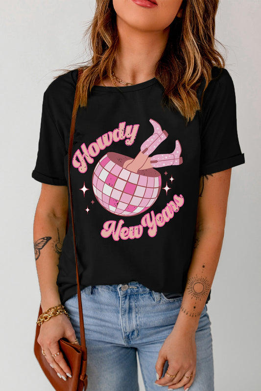 Howdy New Years Pattern Print Round Neck T Shirt
