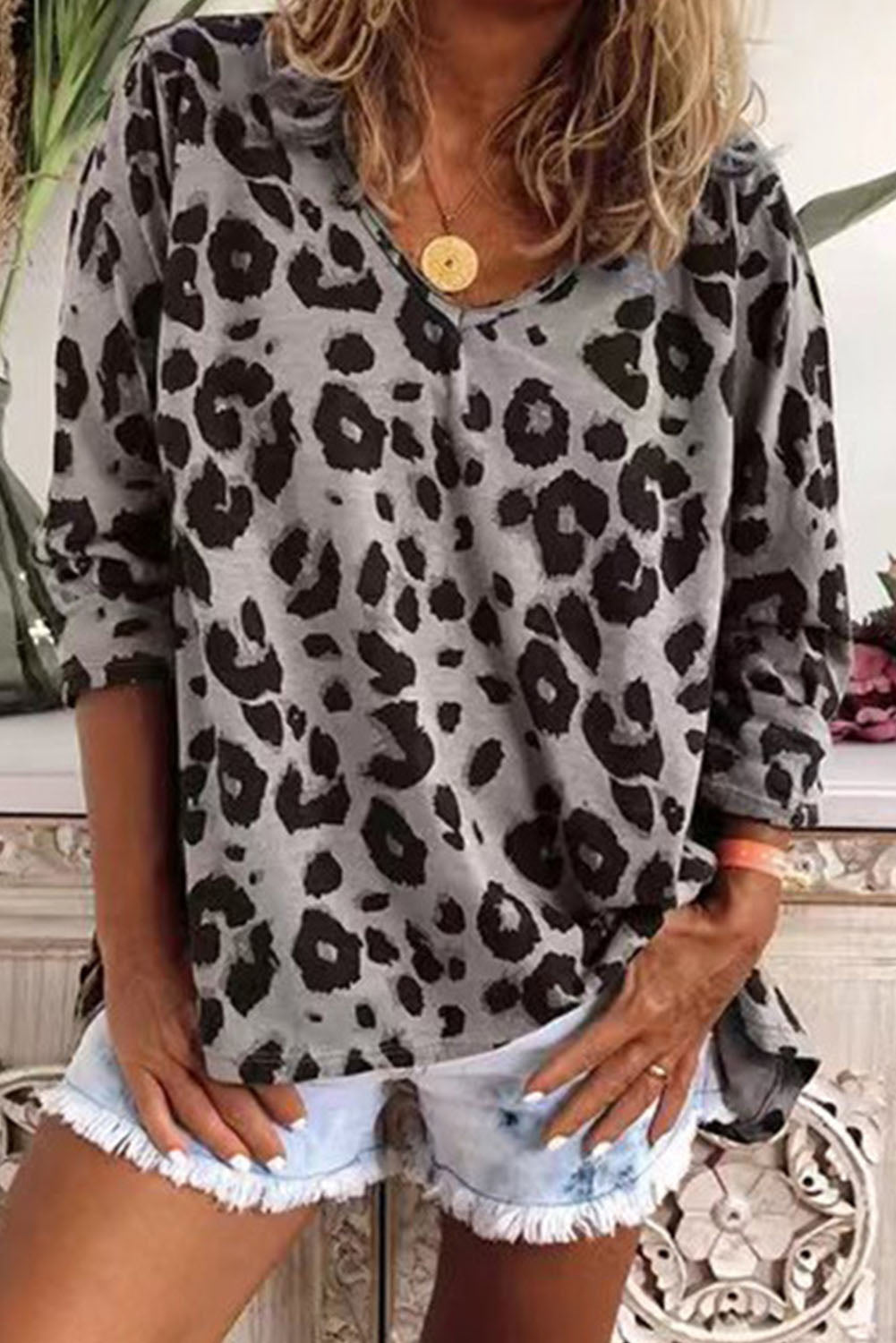 Leopard Split Joint V Neck Long Sleeve Tops