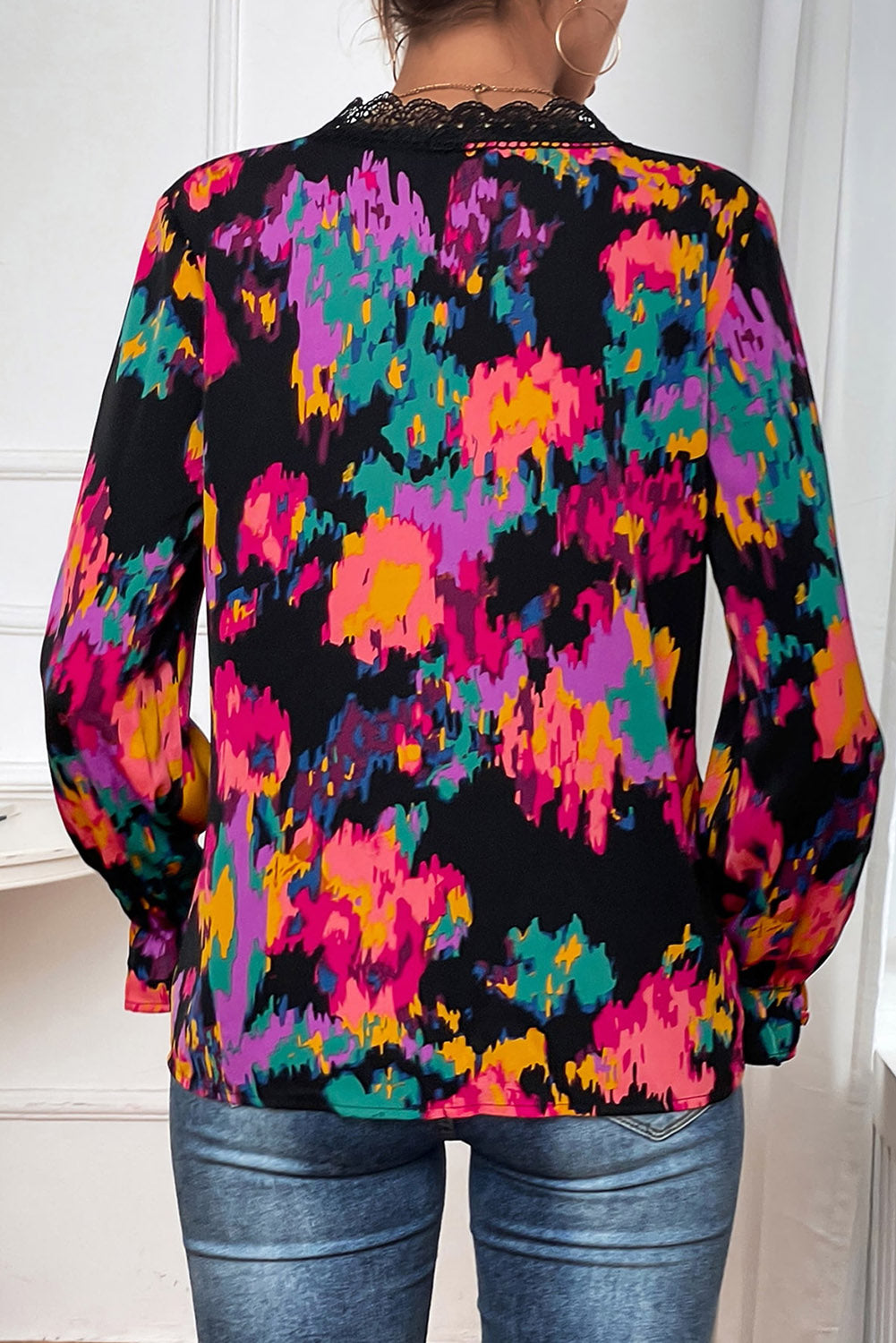 Abstract Printed Flounce Sleeve Lace V-Neck Blouse