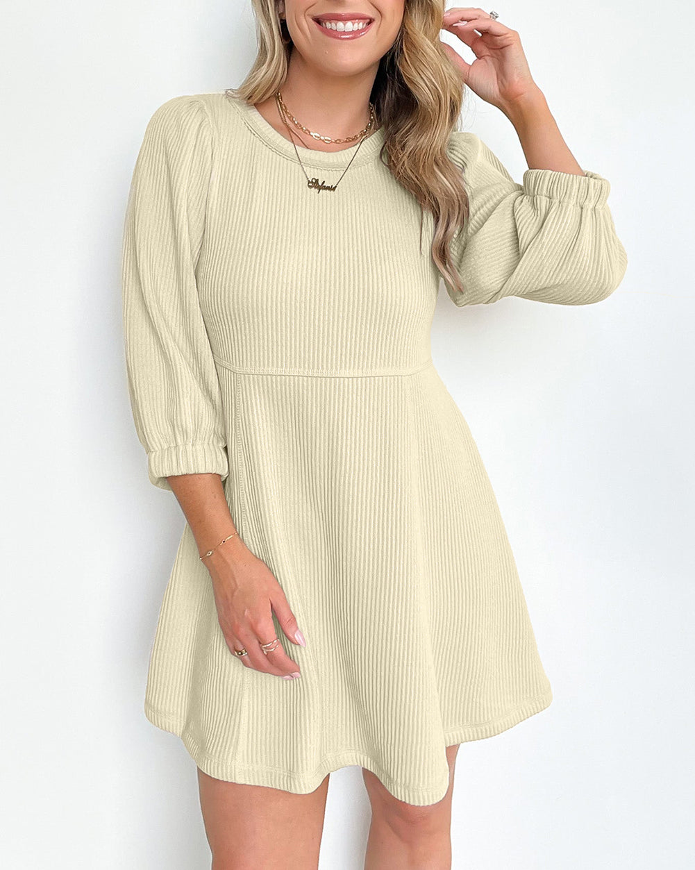 Ribbed Knit Puff Sleeve Flared Mini Dress