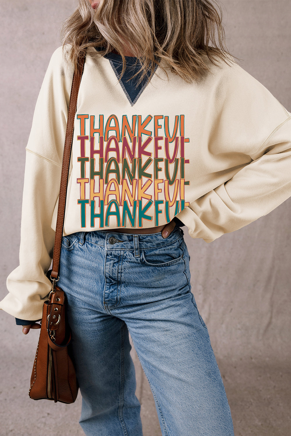 THANKFUL Graphic Colorblock Edge Oversized Thanksgiving Sweatshirt