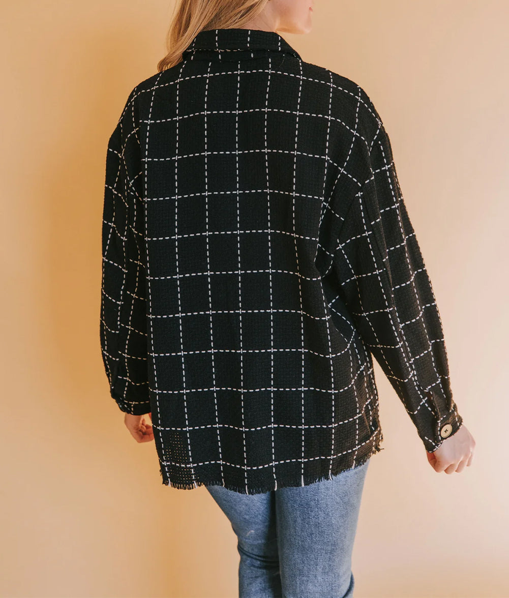 Contrast Lattice Textured Buttons Flap Pocket Shacket