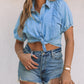 Blue Short Bubble Sleeve Snap Button Denim Shirt