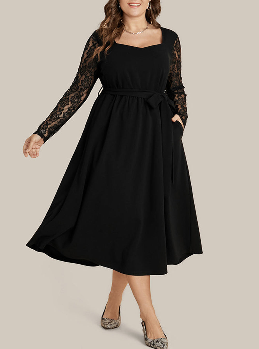 Plus Size Sheer Lace Sleeve Belted Ruffle Midi Dress