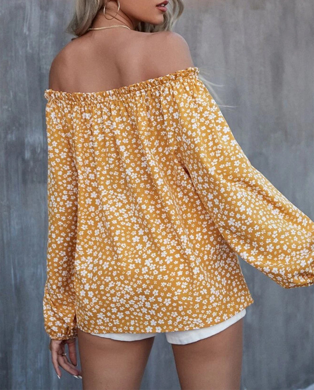 Floral Print Frill Trim Off-shoulder Lantern Sleeve Blouse