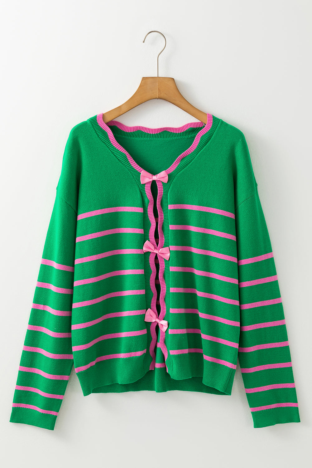 Stripe Ribbon Cute Bow Detail Sweater Knit Cardigan