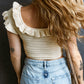 Ruffled Neckline Knitted Short Sleeve Crop Top