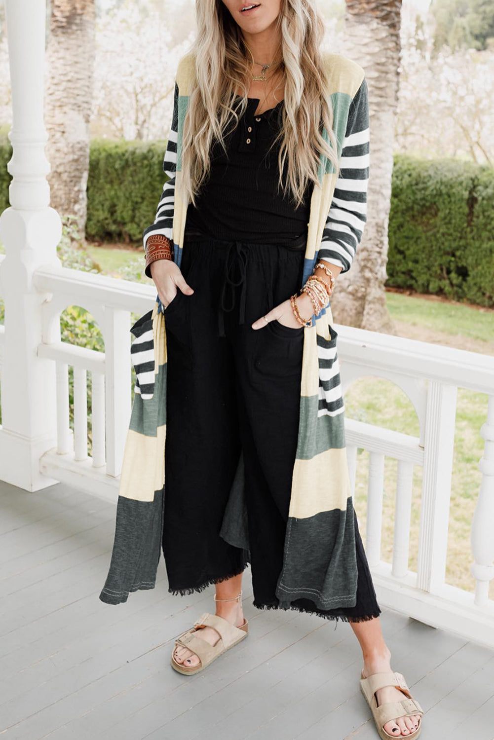 Mixed Stripes Pocketed Split Long Cardigan