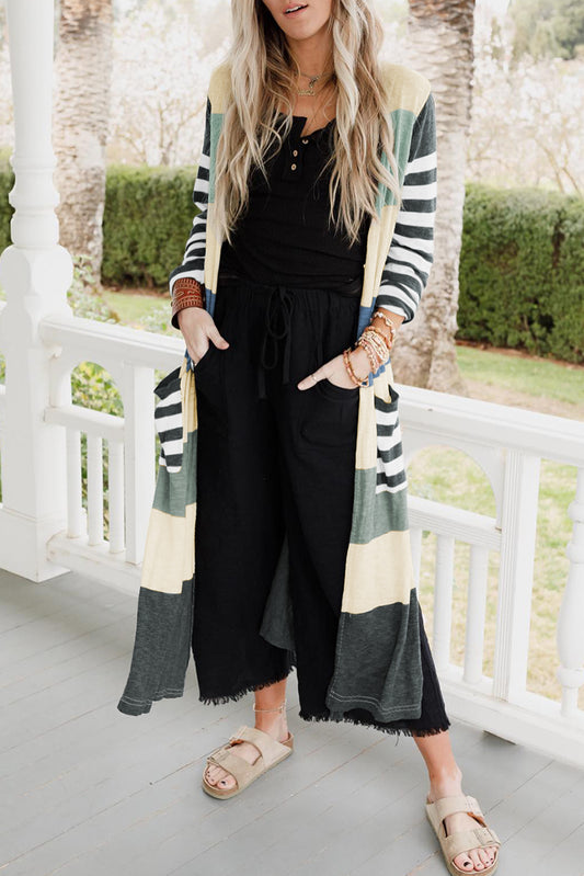 Mixed Stripes Pocketed Split Long Cardigan
