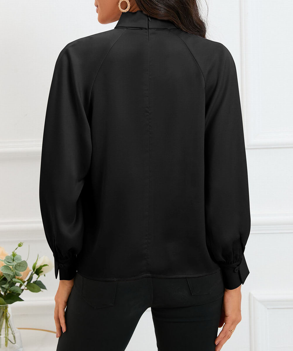Keyhole Pleated Mock Neck Bishop Sleeve Blouse
