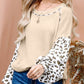 Leopard Print Patchwork Lantern Sleeve Waffle Knit Top