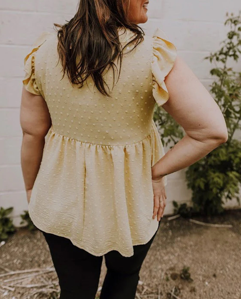 Plus Size Swiss Dot Lace Trim Split Neck Babydoll Top