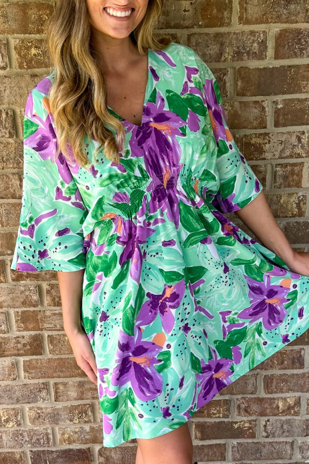 Boho Floral Half Sleeve V Neck Shirred Waist Mini Dress