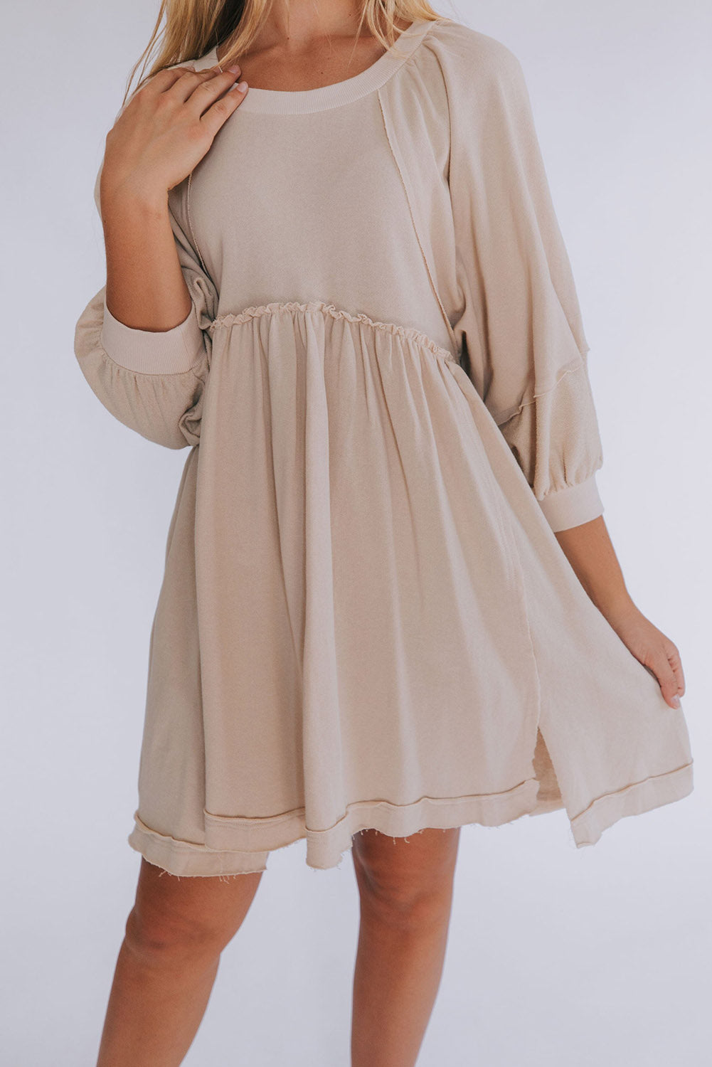 3/4 Sleeves High Waist Slits Mini Dress