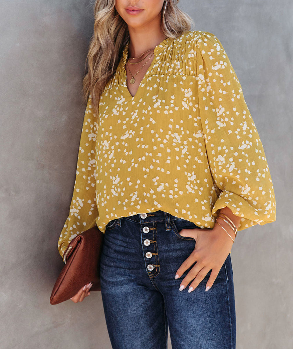 Plus Size Floral Print Ruched Split Neck Blouse