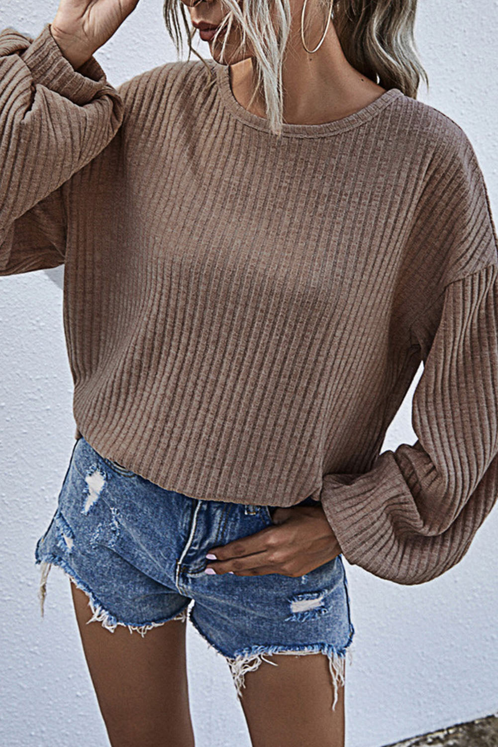Drop Shoulder Bubble Sleeve Ribbed Knit Top
