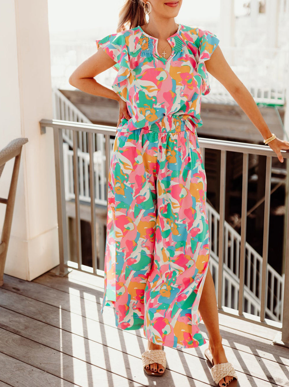 Floral Ruffled Sleeve Top Smocked Wide Leg Pants Set