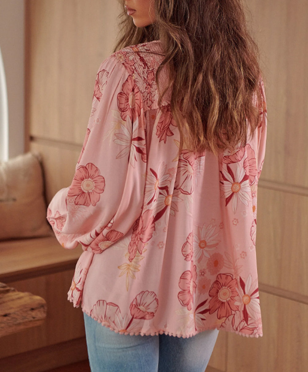 Floral Tasseled V Neck Puff Sleeve Blouse