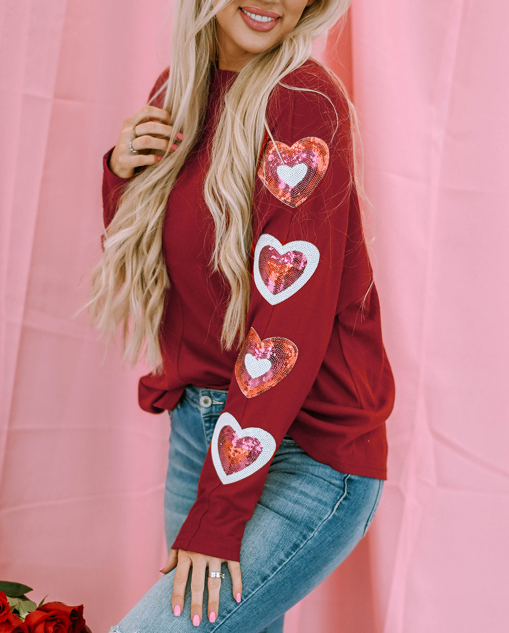 Sequined Heart Printed Sleeves Valentine Fashion Top