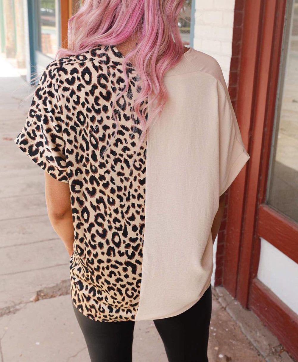 Contrast Leopard Color Block Blouse