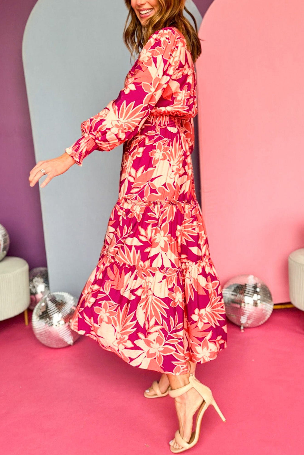 Floral Print Buttoned Smocked High Waist Maxi Dress