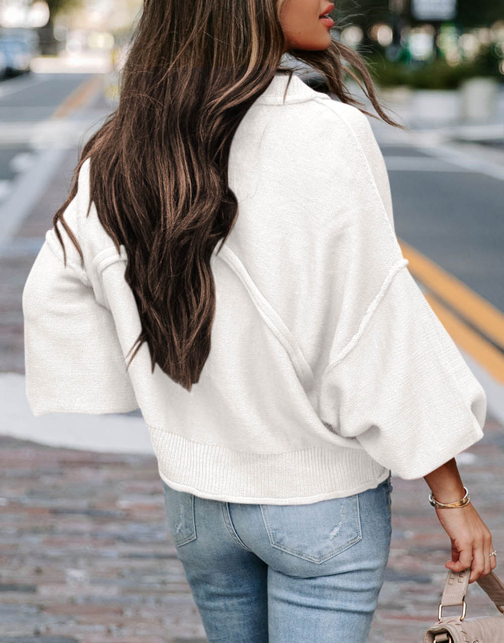 Raw Edge Patch Pocket Exposed Seam Loose Sweater