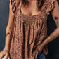 Khaki Floral Print Smocked Flounce Sleeveless Top