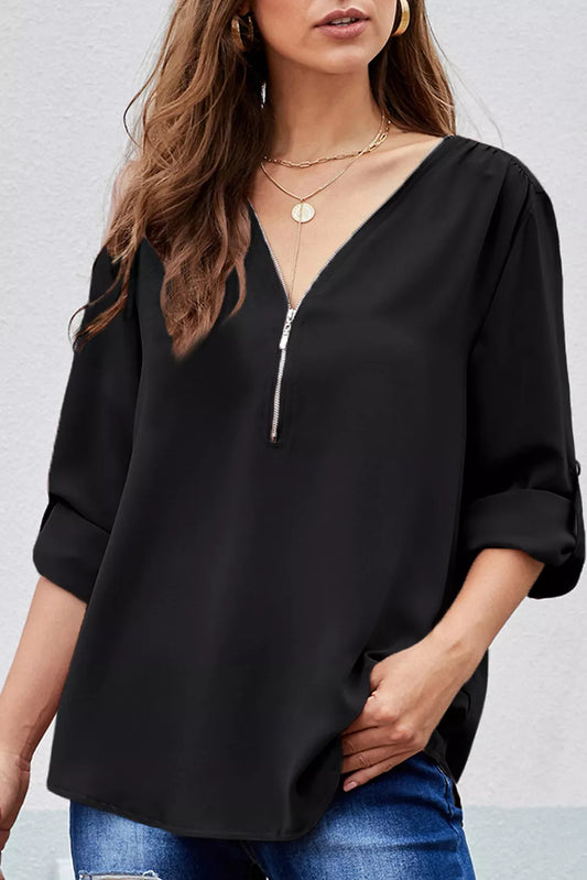 Casual V Neck Zip up Half Sleeve Blouse